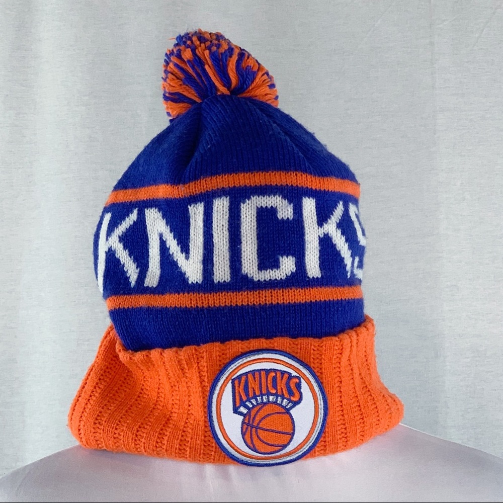 Mitchell & Ness Knicks NBA basketball team blue & orange winter hat pom pom - Picture 1 of 6
